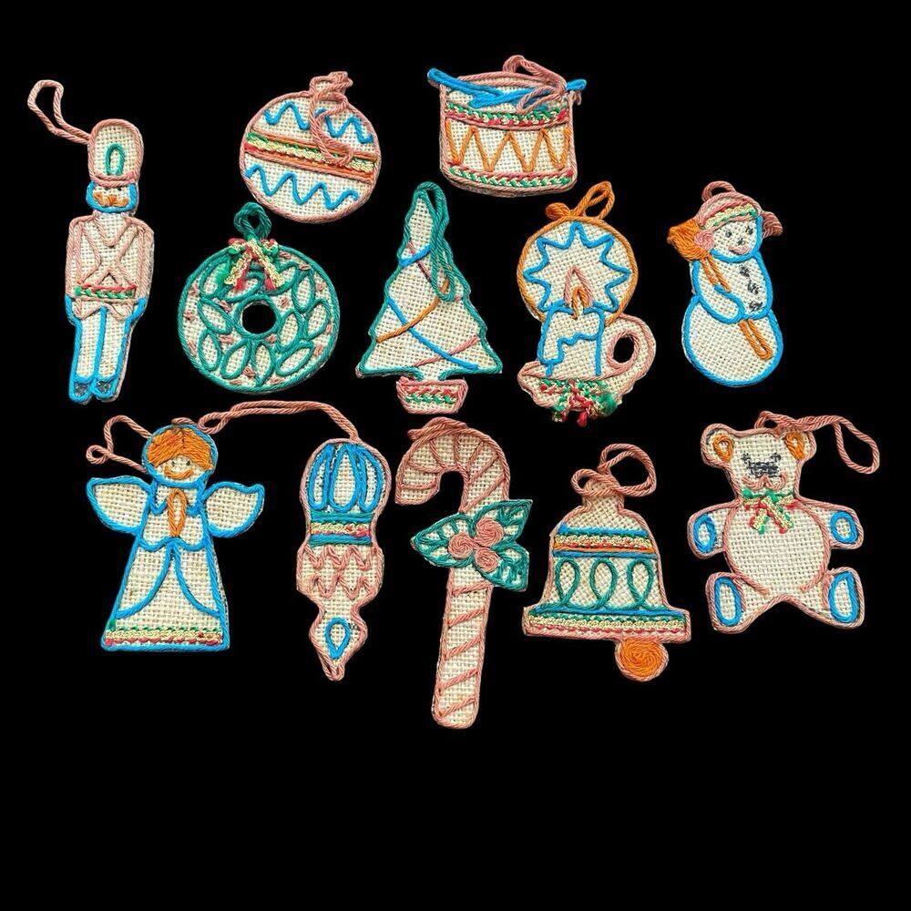 Vintage Lot Of 12 Handmade Christmas Ornaments Burlap and Yarn